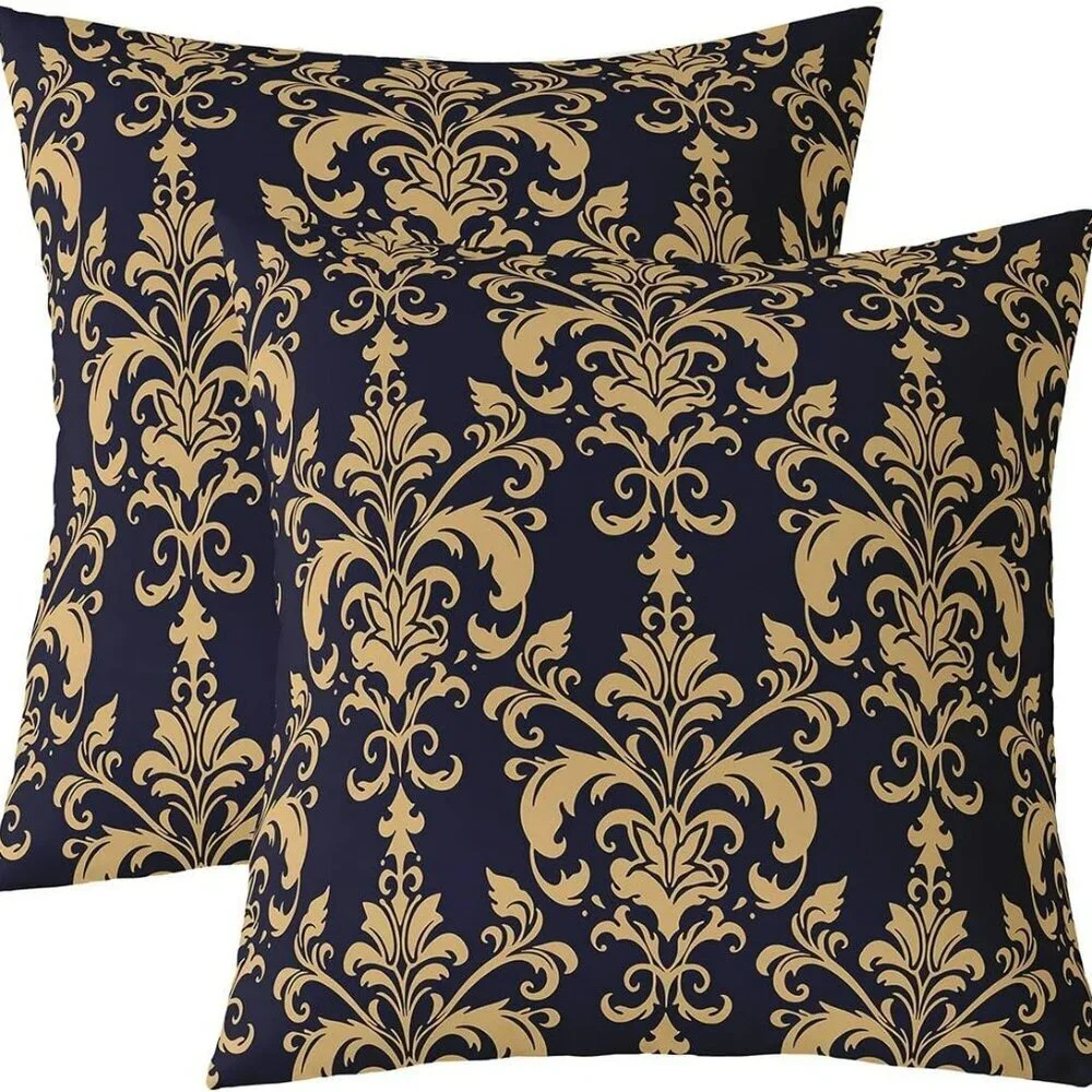 Gold Blue Damask Pillow Covers 24x24 Set of 2 Baroque Floral Decorative Cushions